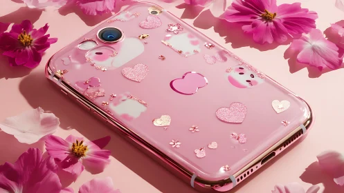High-gloss pink smartphone with kawaii decals and florals.