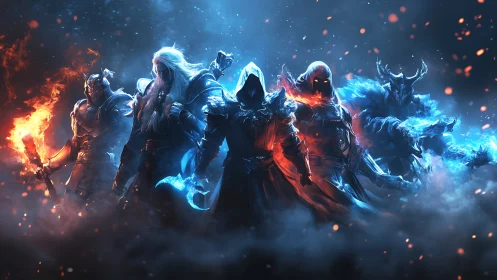 Elemental fantasy warriors clash amid blue and orange firestorm