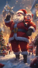 Santa leads joyful snowy parade with child on shoulder.