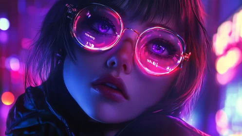 Neon-lit cyberpunk portrait renders reflective holographic glasses