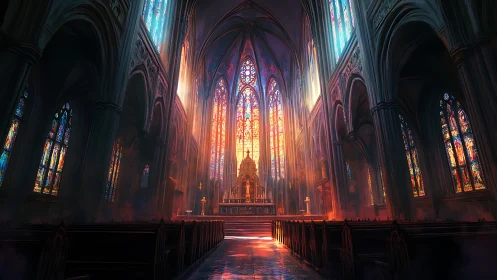 Sunlit gothic cathedral nave with glowing stained glass.