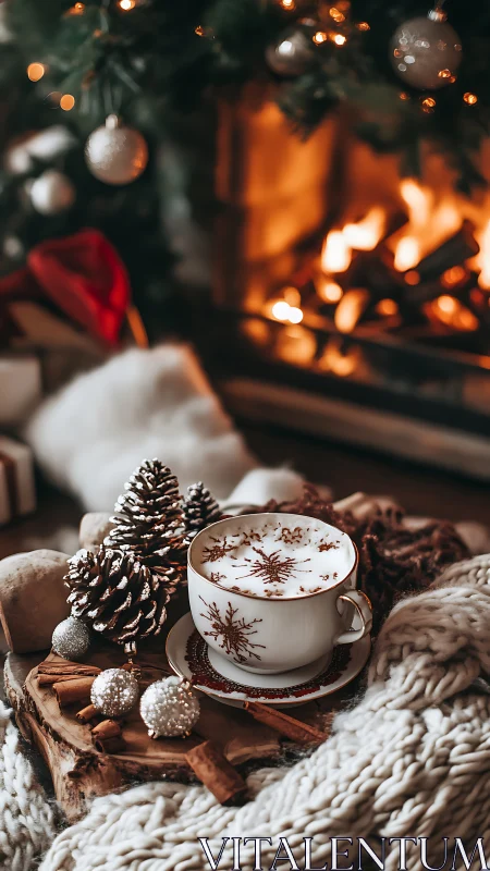Snowflake latte beside pinecones by glowing holiday hearth.