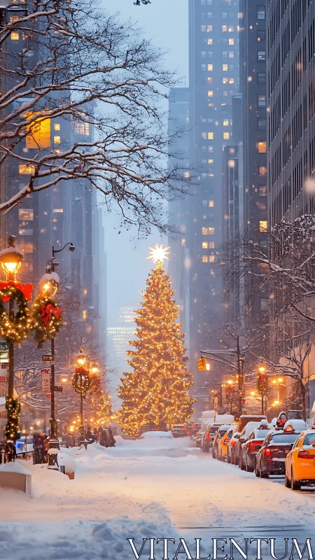 Snowy city street glows with towering Christmas tree lights