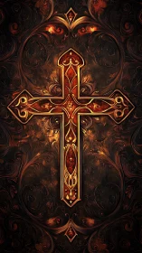 Ornate fiery cross on dark swirling embossed background.