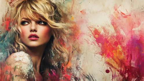 Digital painting portrait with abstract chromatic splashes.