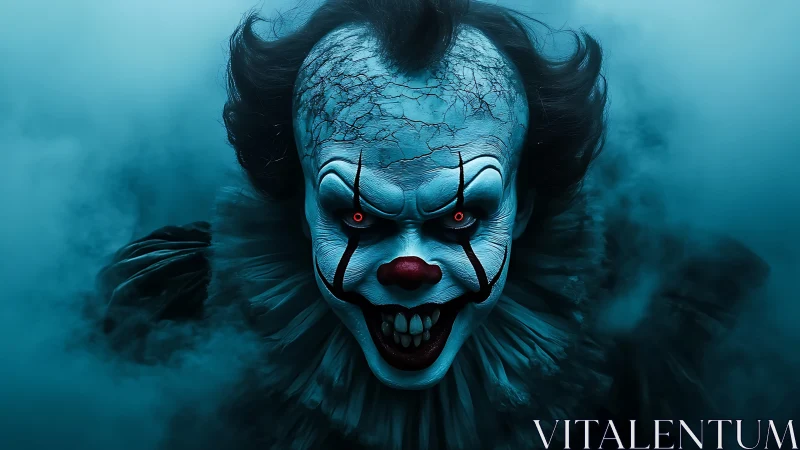 Sinister clown portrait emerging from dense blue fog.