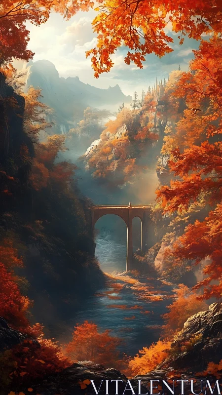 Autumn mountain gorge with stone bridge over river.