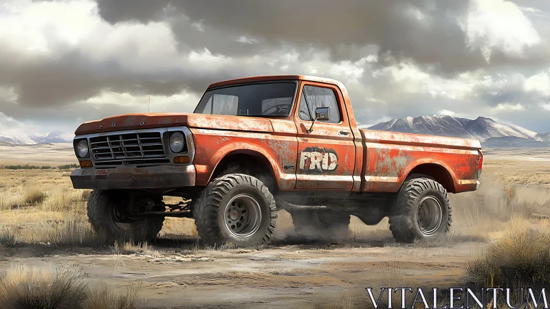 Rusty lifted pickup truck stands on dusty desert track