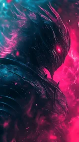 Armored demonic figure with glowing eyes in neon smoke