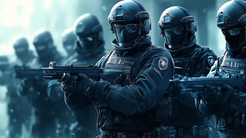 Tactical police unit advancing in cold blue-toned haze.