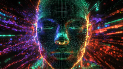 Futuristic Digital Human Face in Neon Wireframe Art Style.