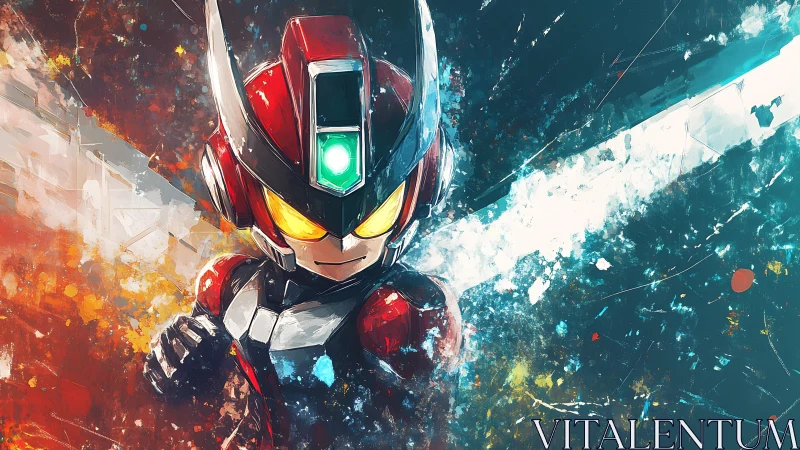 Armored cyber hero charging through explosive colors.