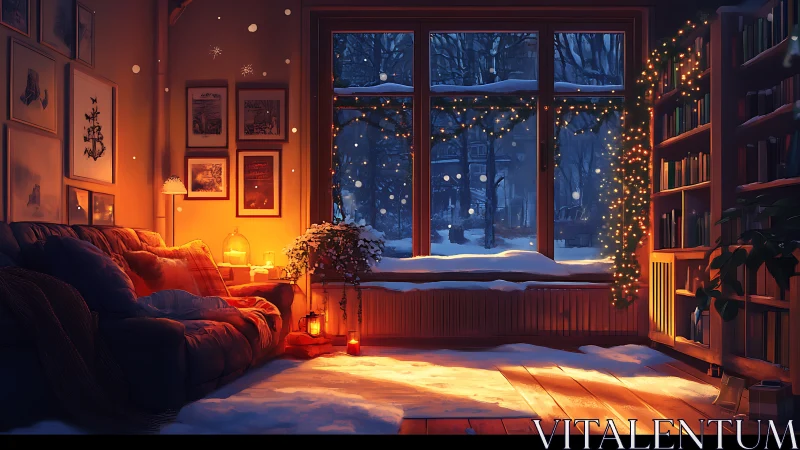 Cozy winter reading nook glows warmly against snowy night