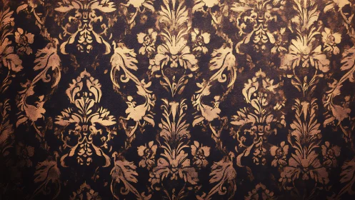 Ornate gold floral damask pattern on dark textured surface