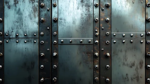 Industrial steel wall with rivets in grunge style, metallic texture.