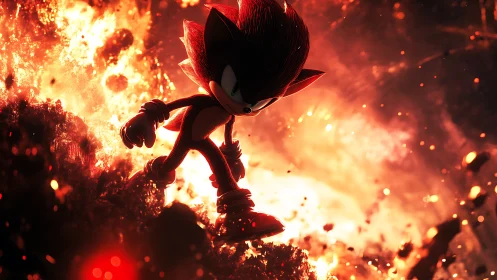 Red cartoon hedgehog figure in fiery volcanic landscape.
