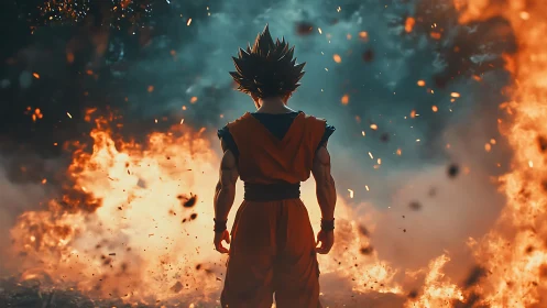 Fiery warrior stands calm as sparks and storm collide.