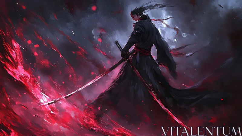Solitary swordsman amid red energy streaks in dark storm.