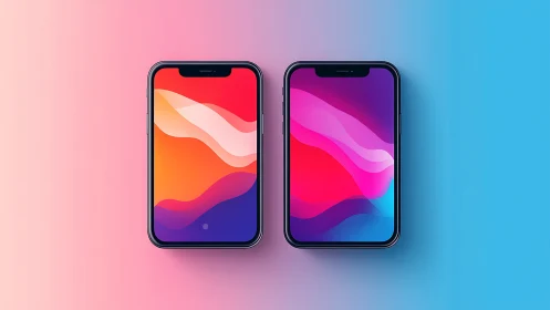 Two iPhones with vibrant gradient wallpapers on pastel backdrop.
