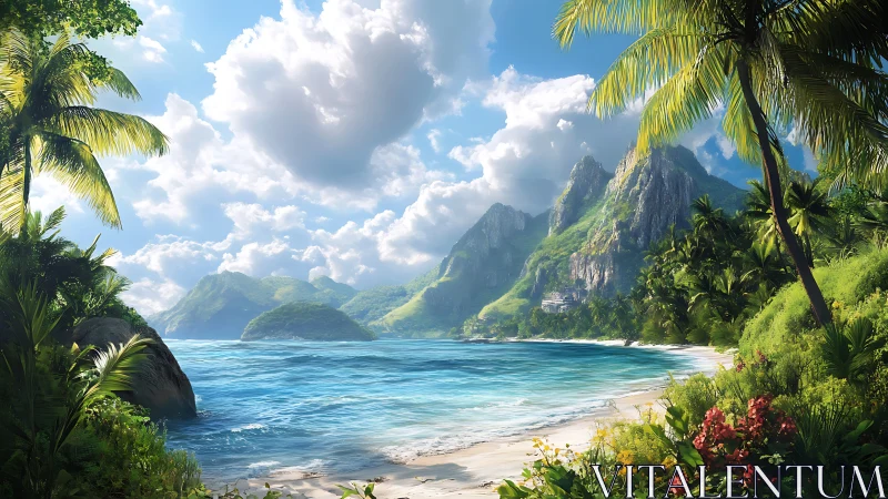 Tropical coastal landscape with steep volcanic peaks