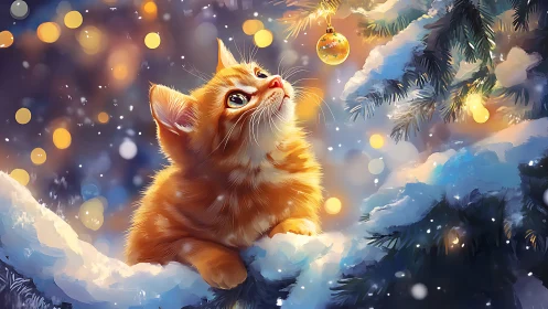 Orange kitten under snowy fir lights observing bauble glow.