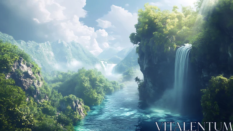 Sunlit waterfalls tumble into a calm emerald valley river