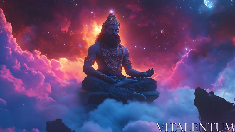 Cosmic meditating deity in neon clouds and astral glow.
