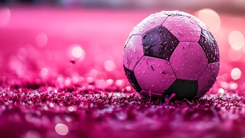 Neon raindrop soccer ball resting on sparkling pink turf.