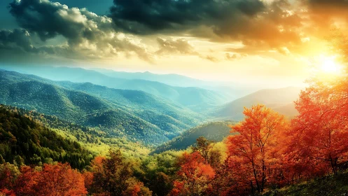 Sunburst over ember woods and rolling teal mountainscape.