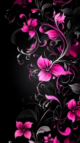 Neon Magenta Floral Ornament on Black Background with Vector Scrollwork
