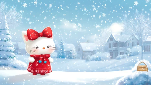 Cartoon white kitten in red dress in snowy village scene.