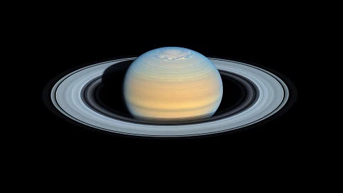 Saturn ring system glows under high-contrast deep space lighting