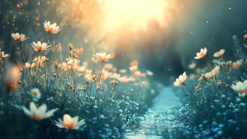 Daisies in field with golden light and stream.