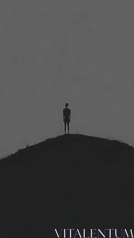 Solitary human silhouette crowns a dark hill under empty sky