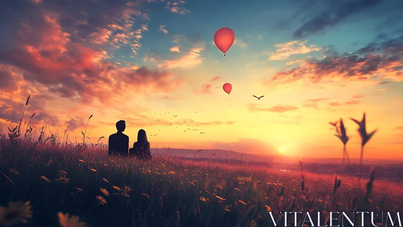 Couple Watching Hot Air Balloons at Sunset.