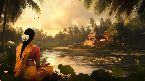 Woman meditates by riverside facing temple at warm sunset