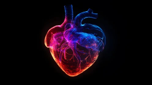 Glowing Anatomical Heart in Neon Colors on Black Background.