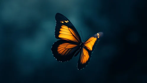 Monarch butterfly in sharp focus over deep teal blur.