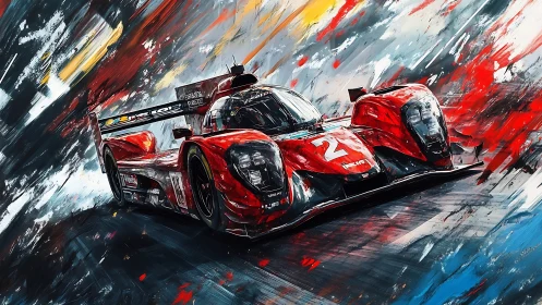 Red endurance race car charging through abstract speed storm.