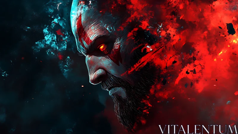 Profile of armored male head in red and blue digital fire.