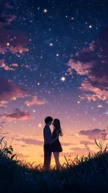 Silhouetted couple stands under dense star field at sunset