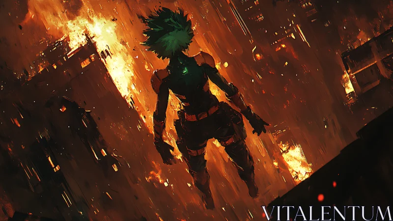 Lone cyberpunk hero descends through a burning neon cityscape