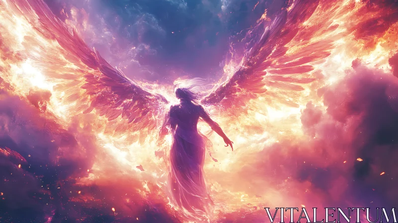 Fiery celestial angel rising through radiant storm clouds.