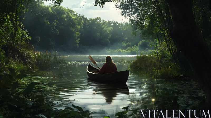 Backlit rowboat drifts through shaded forest inlet with volumetric light