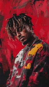 Chromatic portrait of hooded figure in gestural red field.