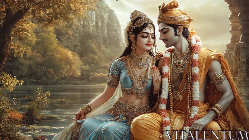 Enchanting royal couple sharing a tender riverside moment.