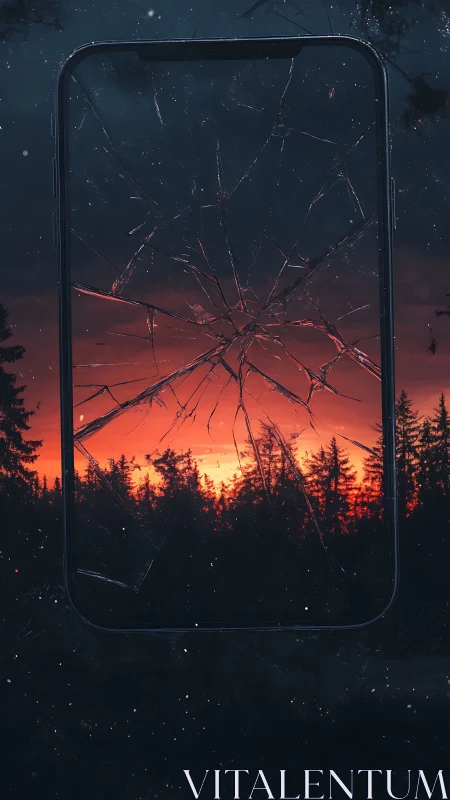 Broken smartphone screen overlays dark forest sunset sky