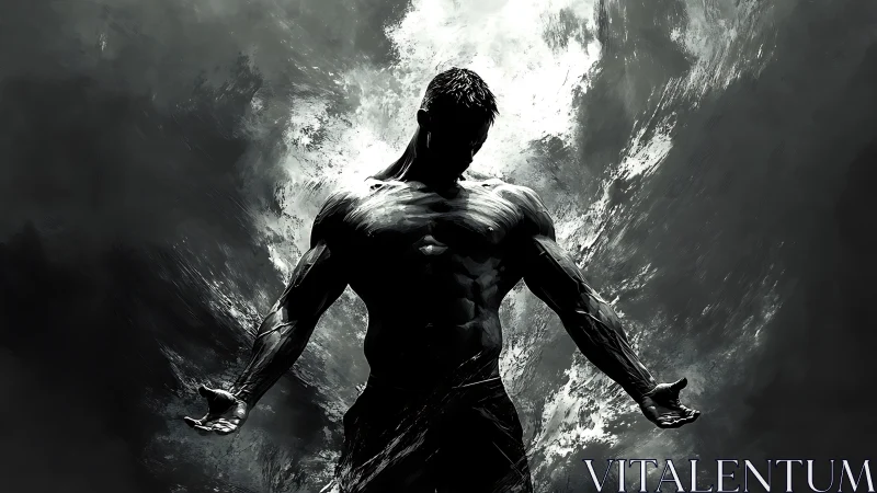 Shadowforged titan rising from storm-splintered voidscape.