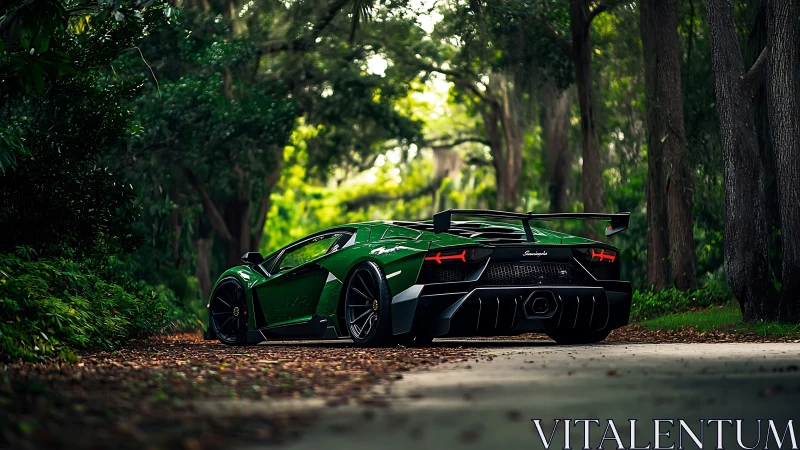 Green Lamborghini hypercar parked on forest road with aero kit