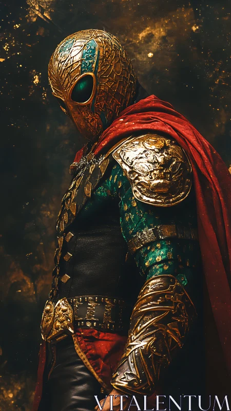 Armored figure in ornate helmet stands in side profile view